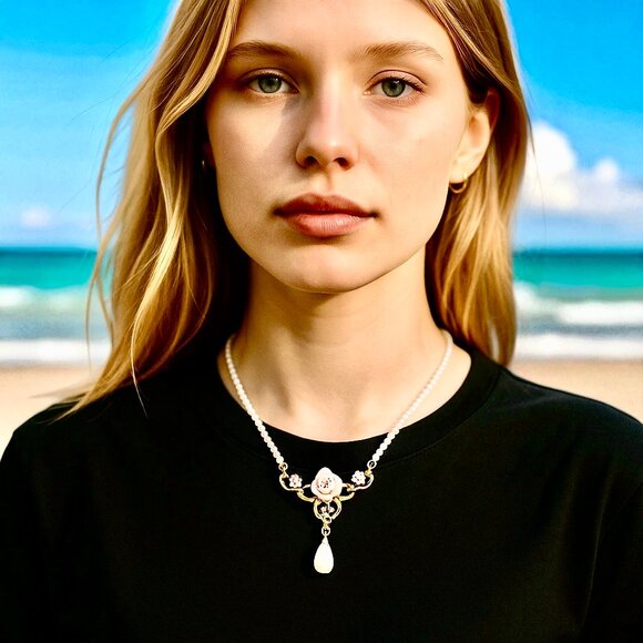 Vintage 1928 Faux Pearl Porcelain Rose Beaded Necklace Gold Tone - Picture 9 of 9